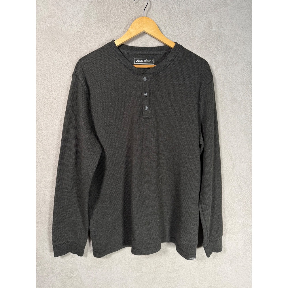 Eddie Bauer Mens Large Charcoal Gray Waffle Knit Long Sleeve Henley Shirt